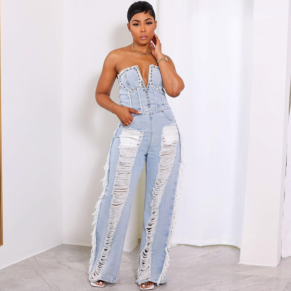 Women's Tassel Hole Rhinestone Washing Water Denim Jumpsuit
