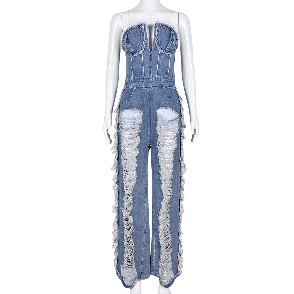 Women's Tassel Hole Rhinestone Washing Water Denim Jumpsuit