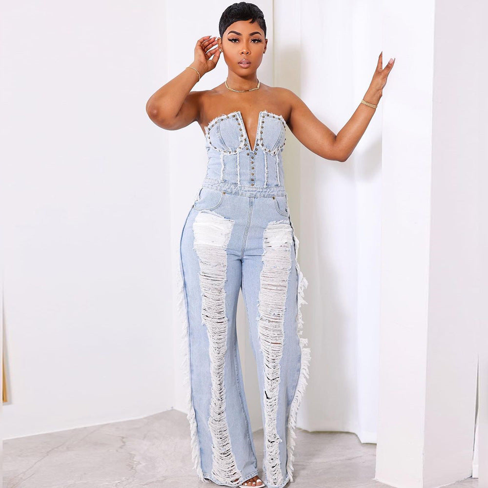 Women's Tassel Hole Rhinestone Washing Water Denim Jumpsuit