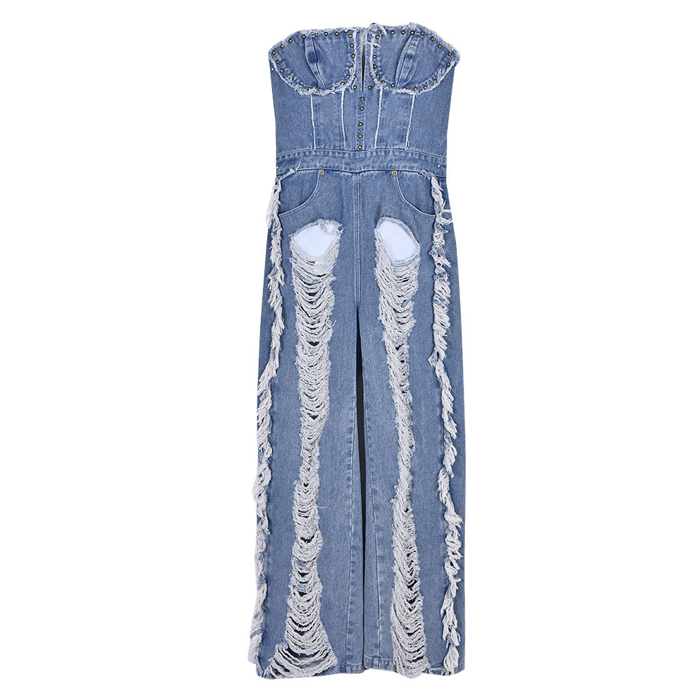 Women's Tassel Hole Rhinestone Washing Water Denim Jumpsuit