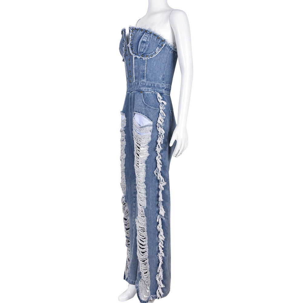 Women's Tassel Hole Rhinestone Washing Water Denim Jumpsuit