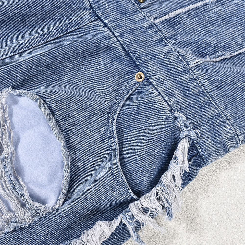 Women's Tassel Hole Rhinestone Washing Water Denim Jumpsuit