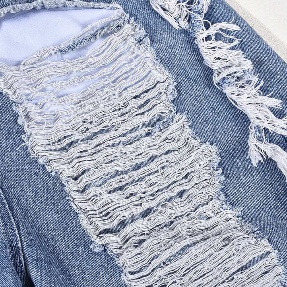 Women's Tassel Hole Rhinestone Washing Water Denim Jumpsuit