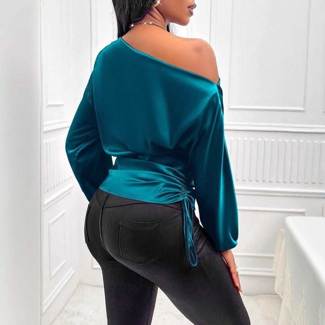 Women's Satin Shirt Asymmetric Long Sleeve Diagonal Collar Shirt Top