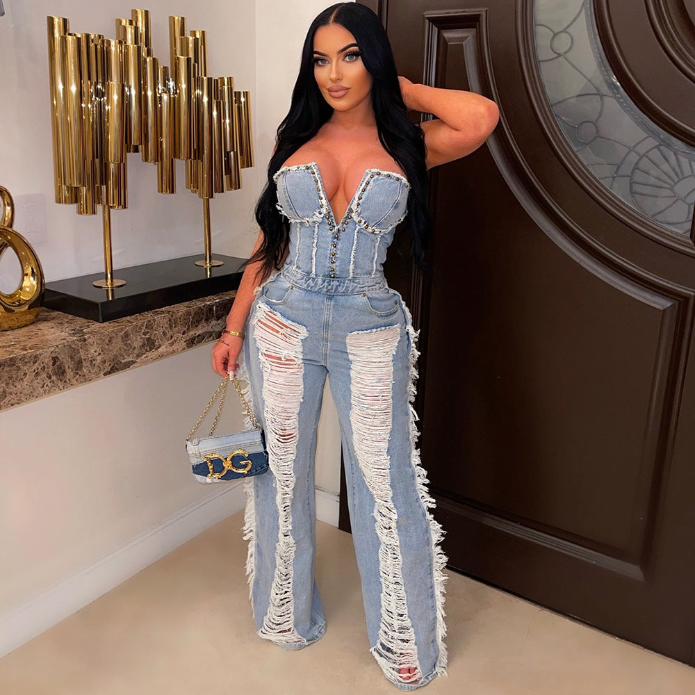 Women's Tassel Hole Rhinestone Washing Water Denim Jumpsuit